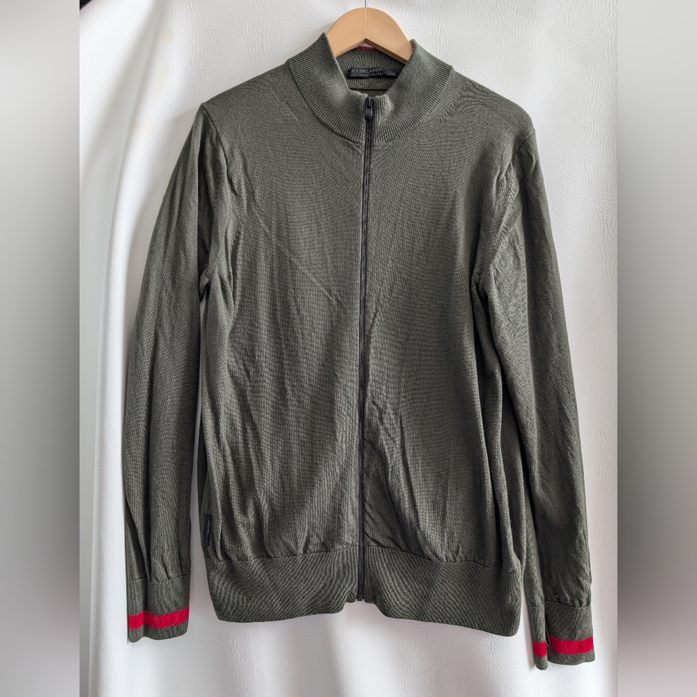 Icebreaker Wool Green Red Detail Full Zip Knit Cardigan Sweater - L